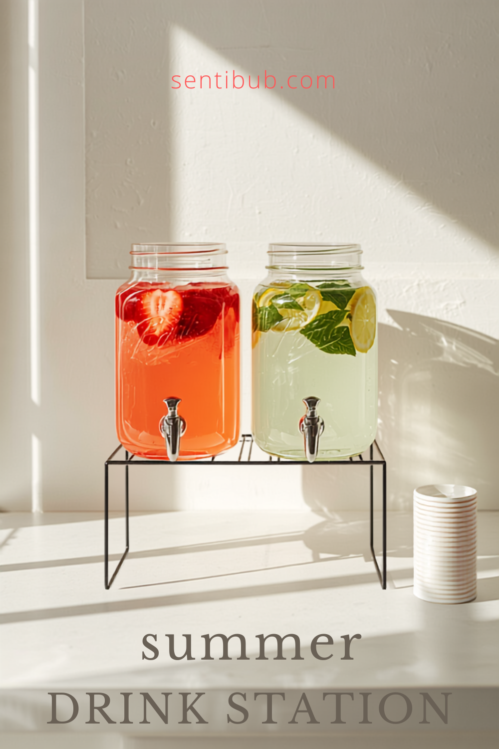 two glass mason-jar drink dispensers with strawberry lemonade and cucumber-mint water on a sunlit counter
