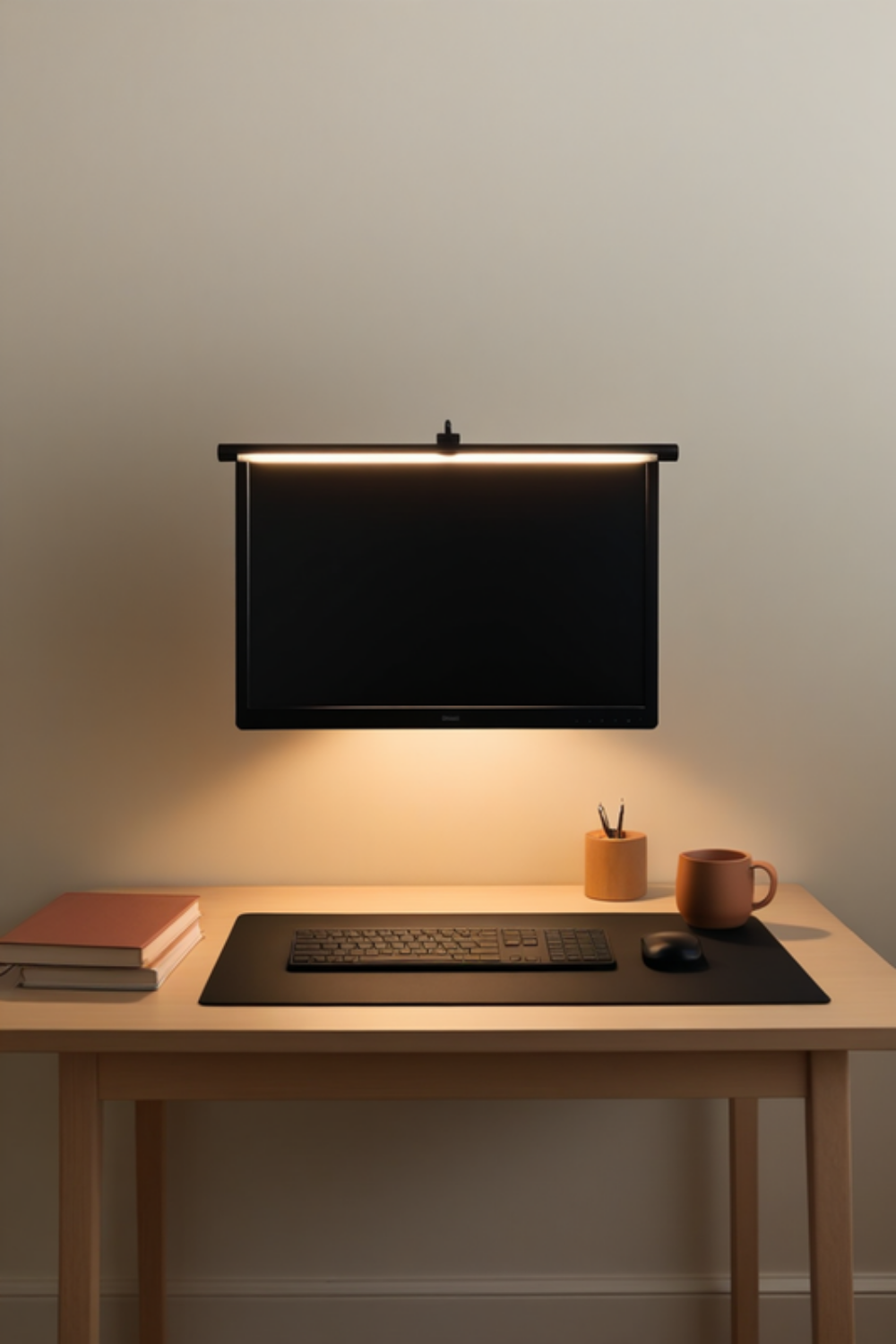 a cozy desk setup at dusk — a warm light bar clipped to the top of a monitor casting soft light down onto a dark leather desk mat, a keyboard and a small ceramic mug, with no cords visible