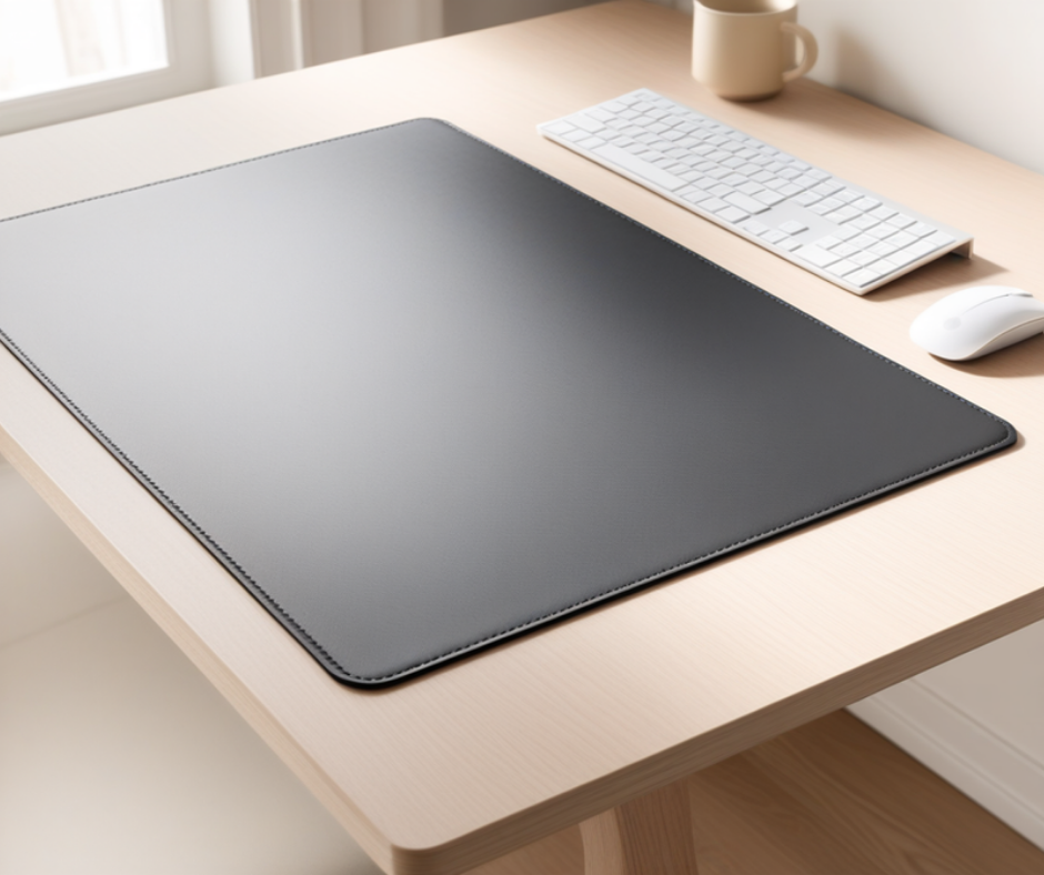a large black pu leather desk mat laid across a pale wood desk, a white keyboard and mouse beside it, the matte surface catching soft window light