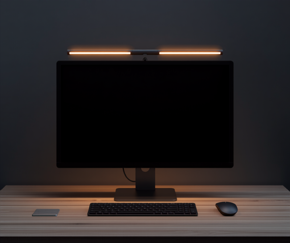 a slim monitor light bar seated on the top edge of a computer monitor in a dark room, throwing a soft warm pool of light down across the desk and keyboard below it