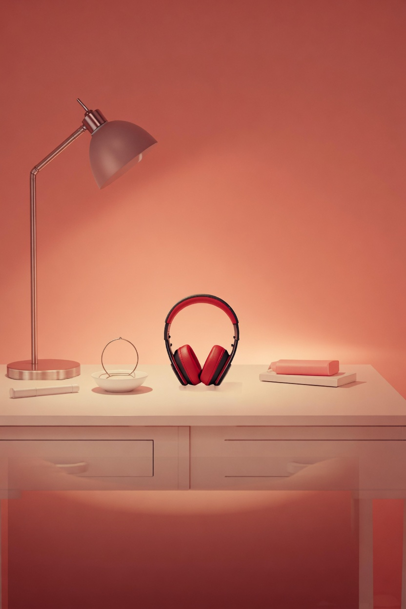 a red and black wireless headset on a white desk against a coral wall